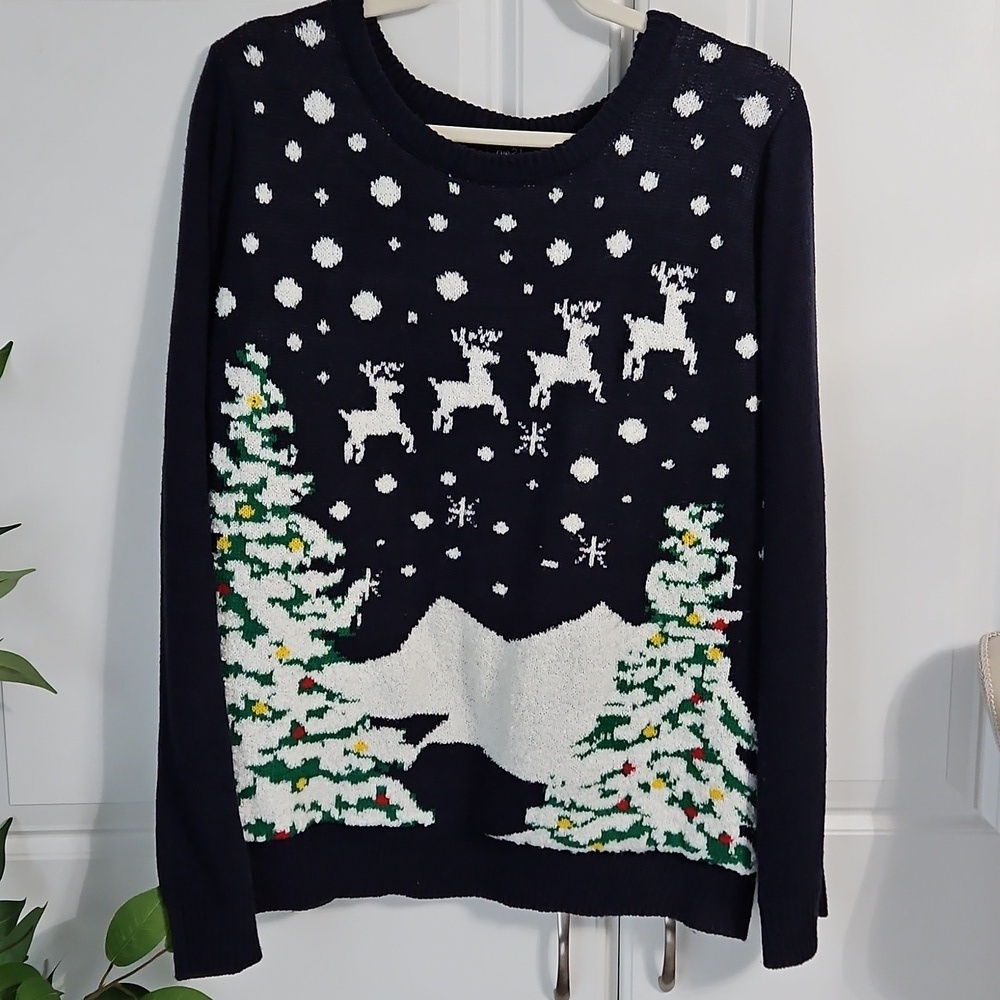 Festive Navy Blue Christmas Sweater with Reindeer and Tree